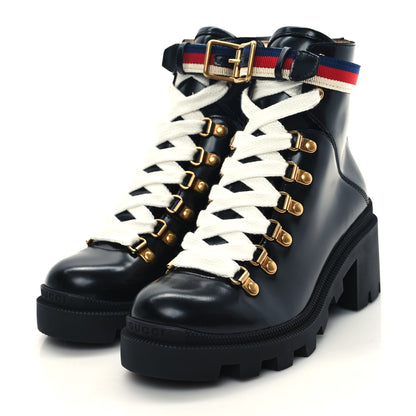 Gucci Calfskin Sylvie Web Lace Up Combat Boots 35 Black 4 of 12