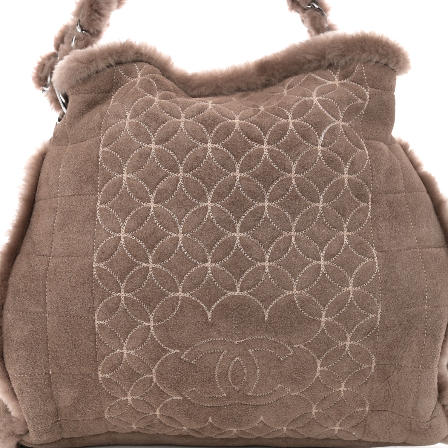 Chanel Shearling Suede Stiched CC Tote Dark Brown 9 of 13