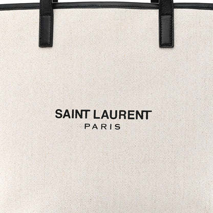 Saint Laurent Canvas Calfskin Teddy Drawstring Shopping Tote White Black 11 of 13