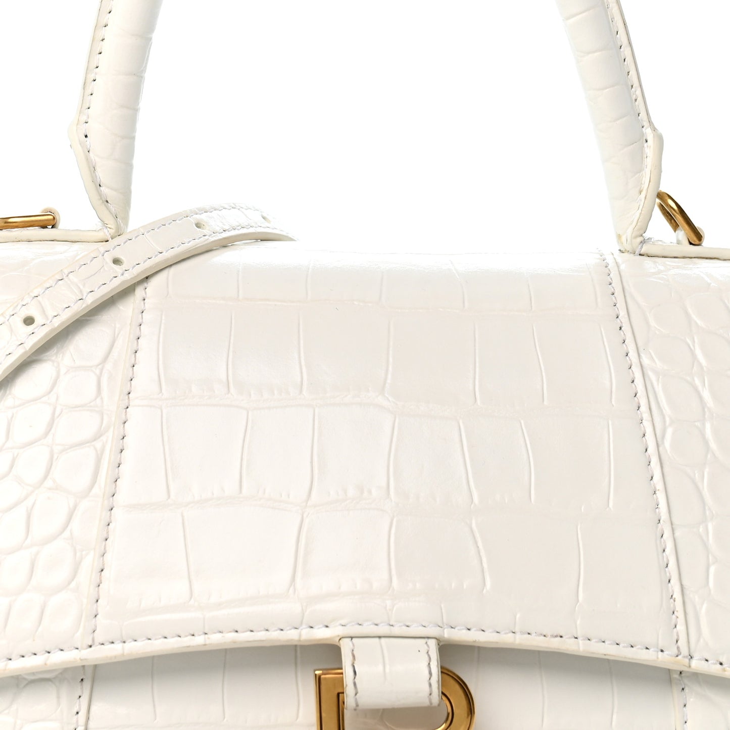 Calfskin Crocodile Embossed Small Hourglass Top Handle Bag White