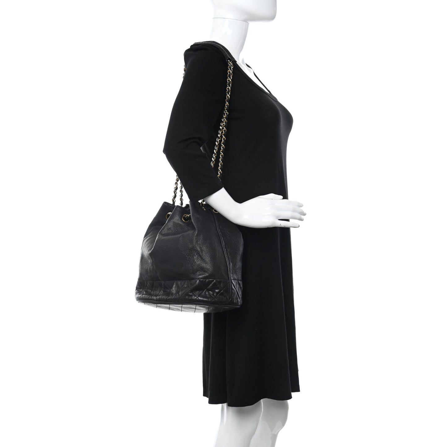 Grained Calfskin Lambskin Quilted Drawstring Bucket Bag Black