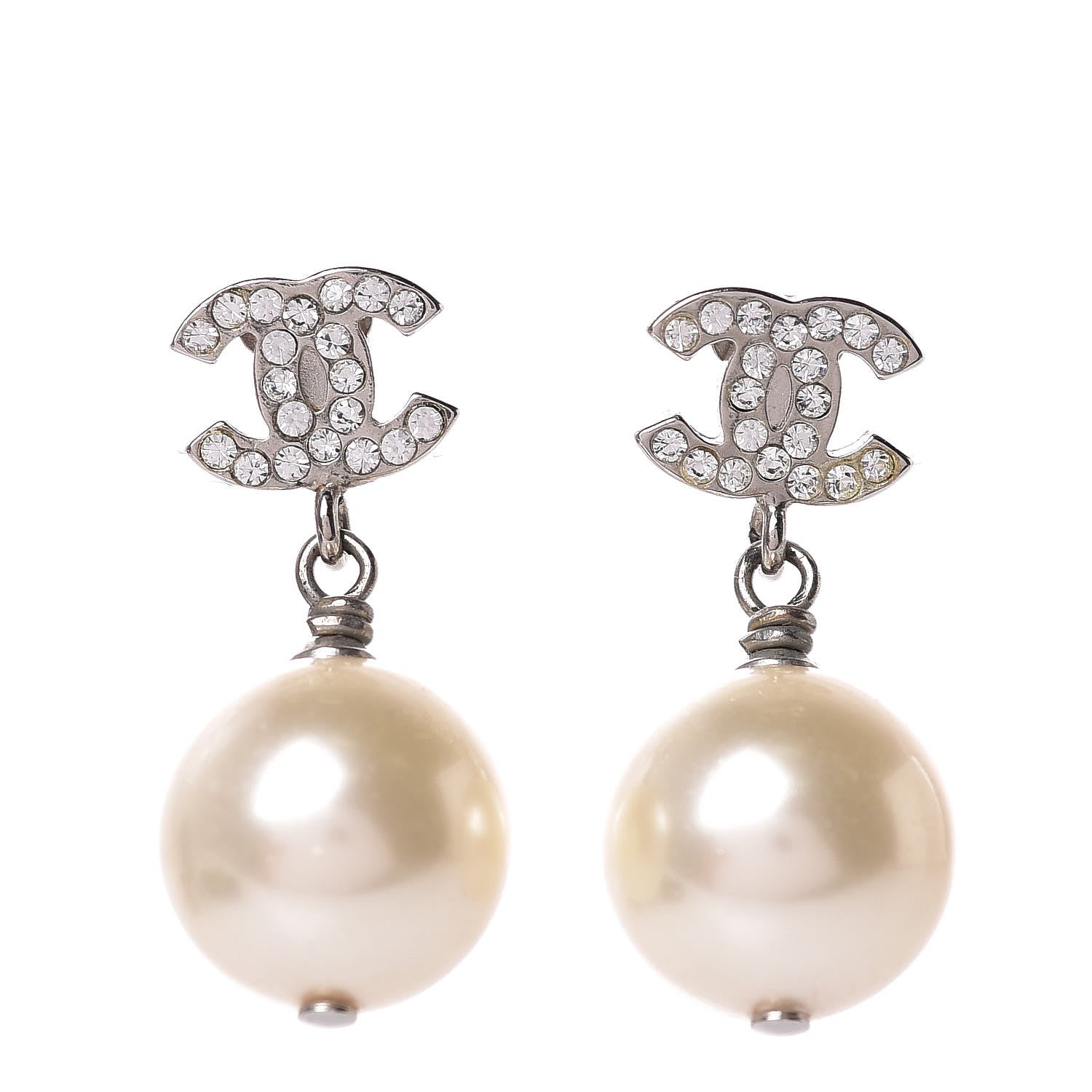 Chanel Crystal Pearl CC Drop Earrings Silver 1 of 5
