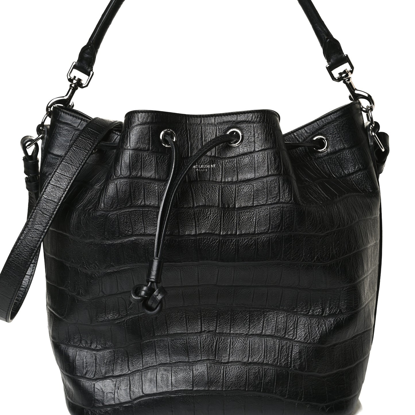 Calfskin Crocodile Embossed Large Emmanuelle Bucket Bag Black