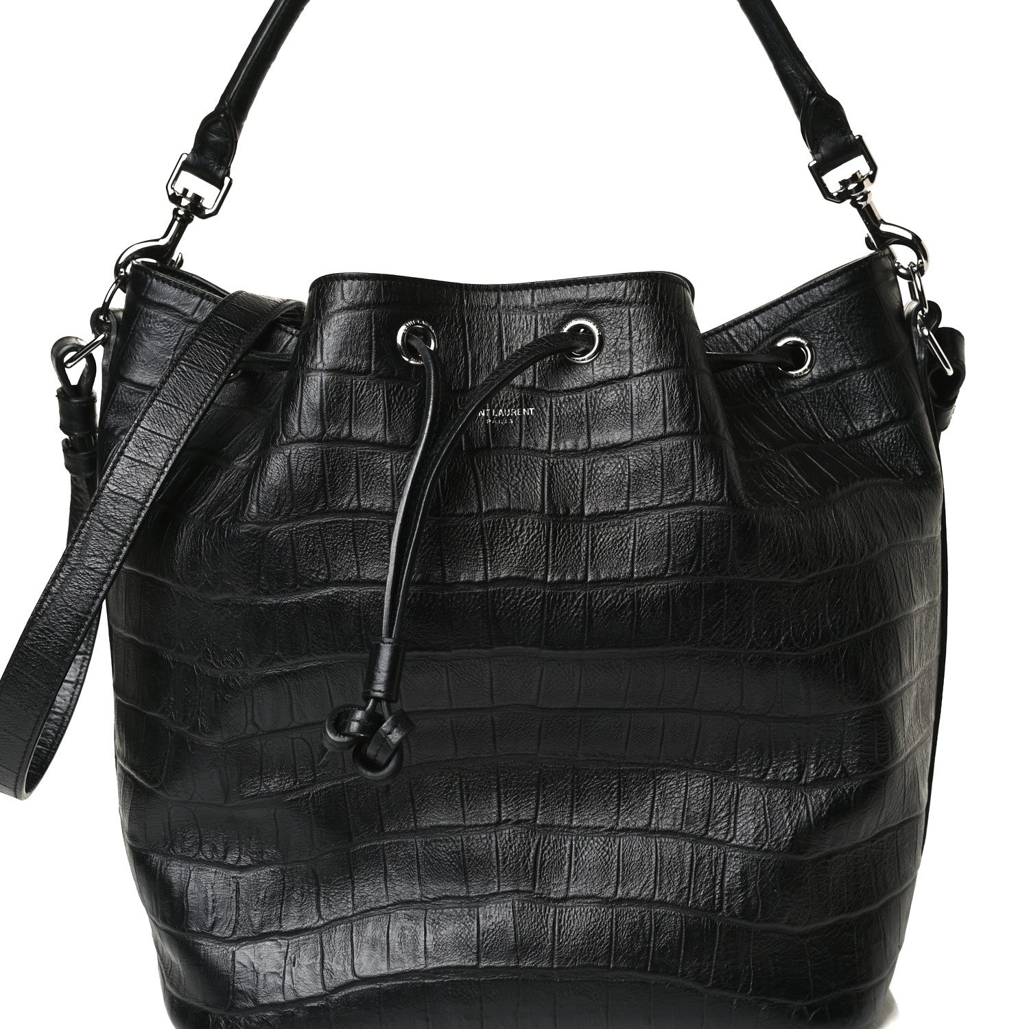 Saint Laurent Calfskin Crocodile Embossed Large Emmanuelle Bucket Bag Black 14 of 31