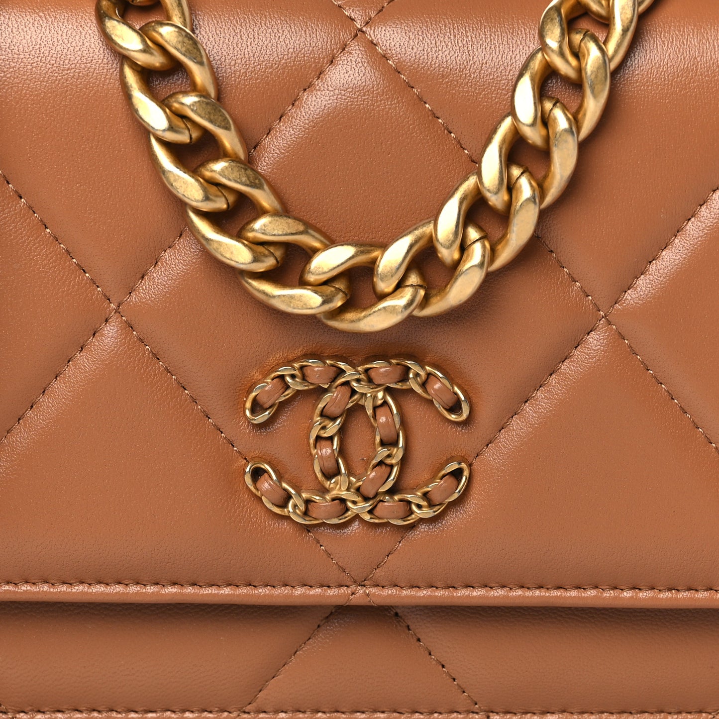 Lambskin Quilted Chanel 19 Wallet On Chain WOC Brown
