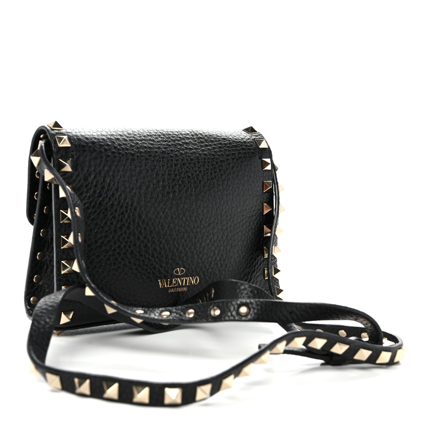 Pebbled Calfskin Rockstud Flip Lock Crossbody Bag Black