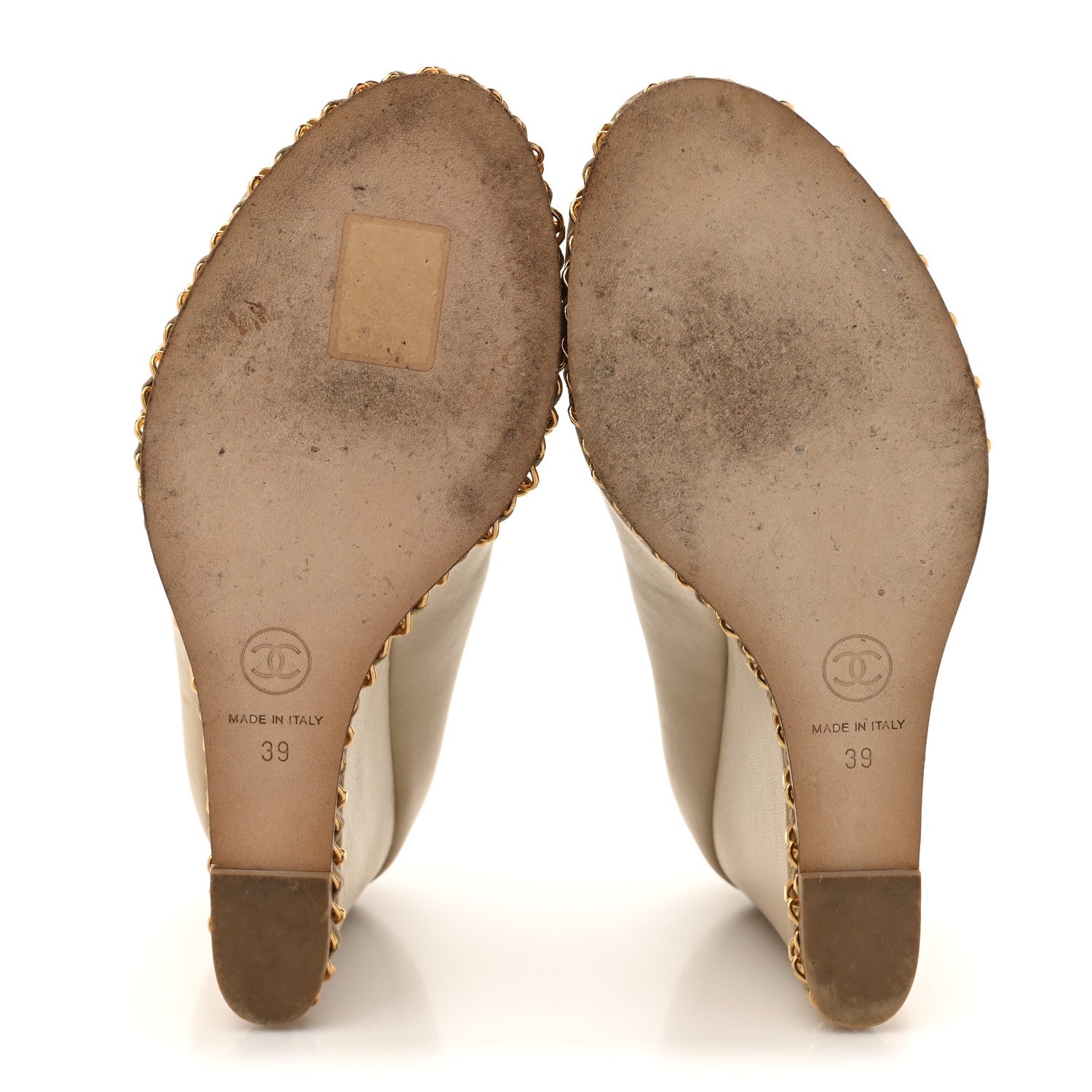 Chanel Calfskin Chain Peep Toe Wedge Pumps 39 Beige 7 of 19
