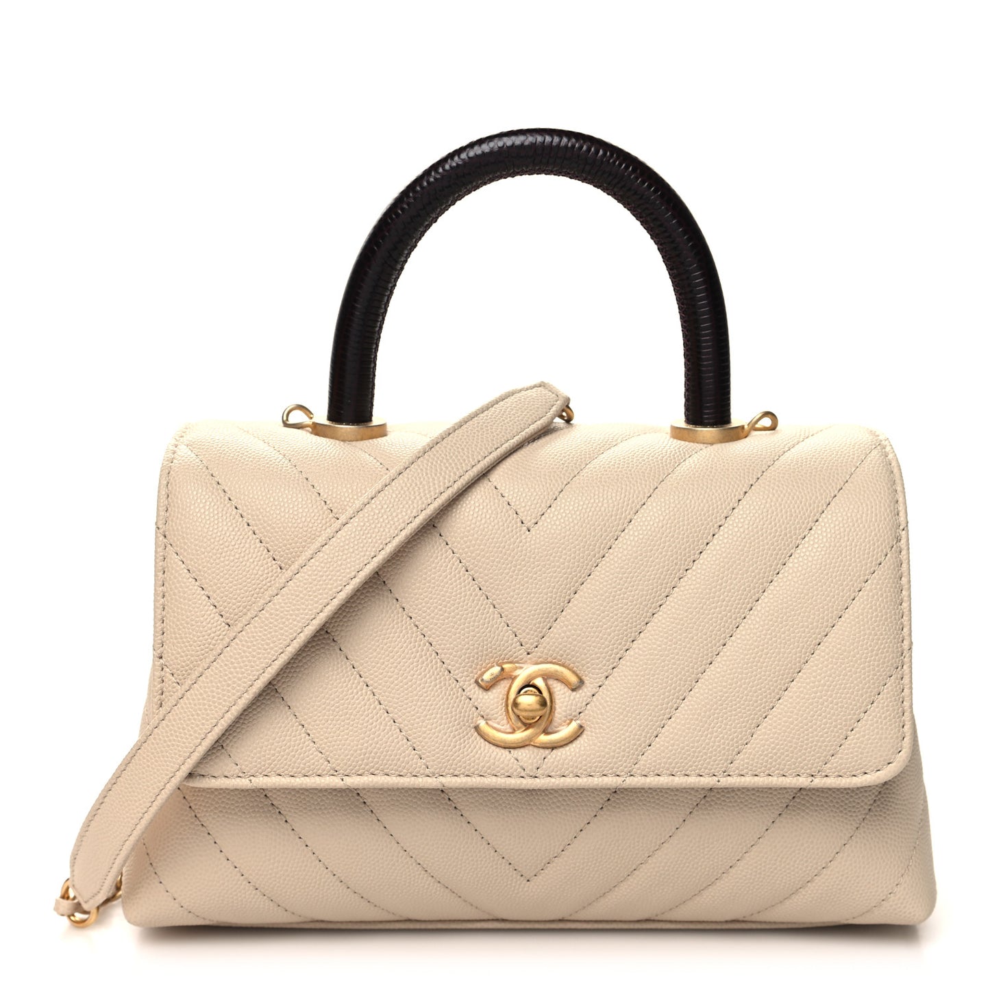 Caviar Lizard Chevron Quilted Mini Coco Handle Flap Ivory