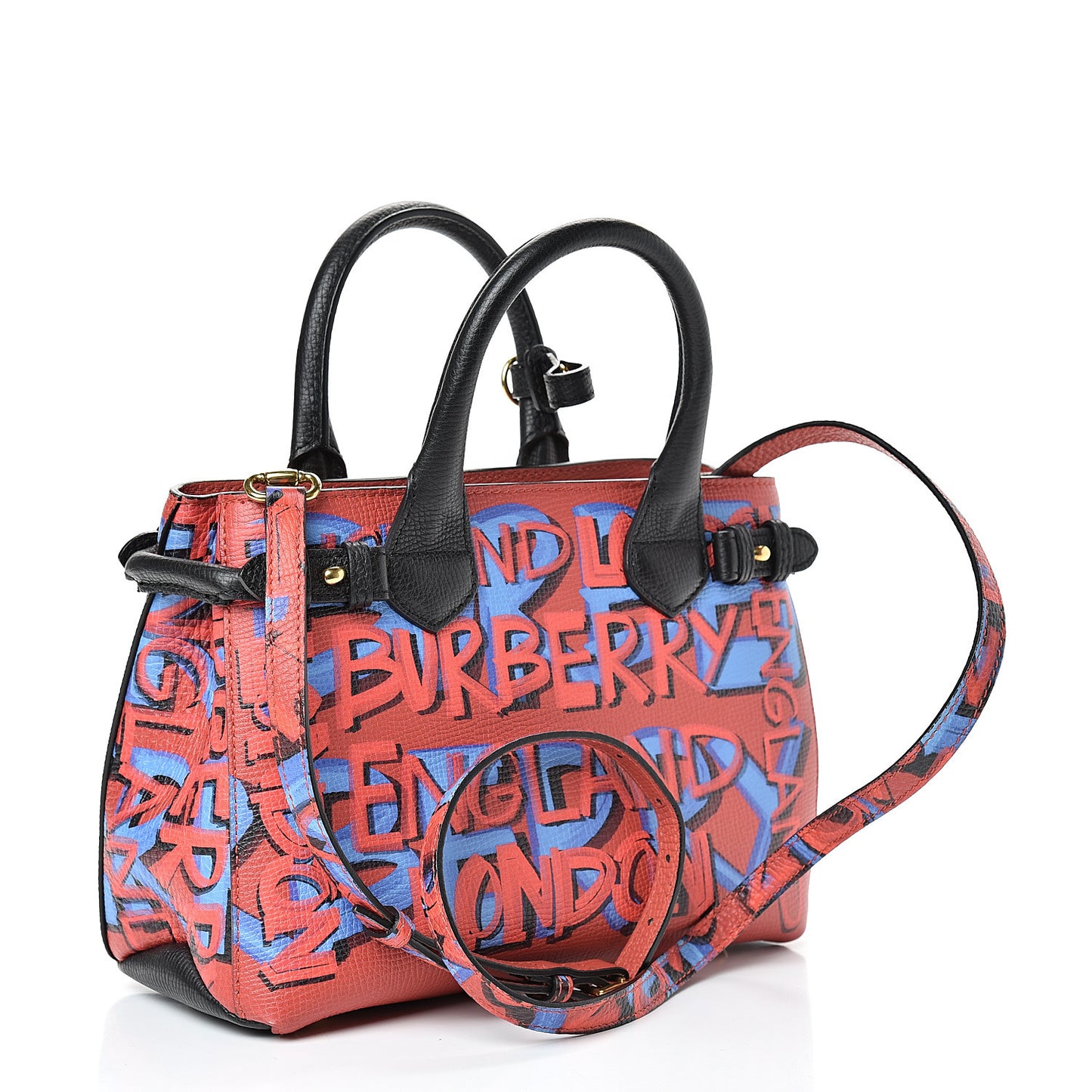 Grainy Calfskin Graffiti Print Small Banner Tote Black