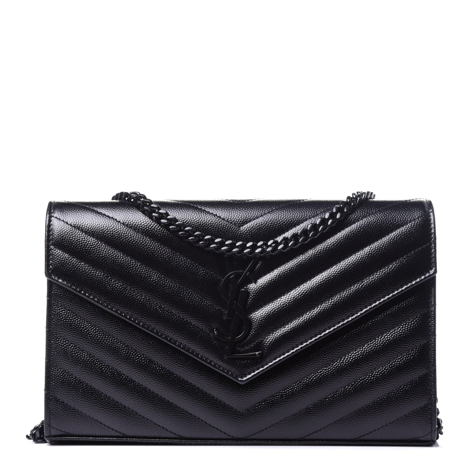 Saint Laurent Grain De Poudre Matelasse Chevron Monogram Chain Wallet Black 1 of 9
