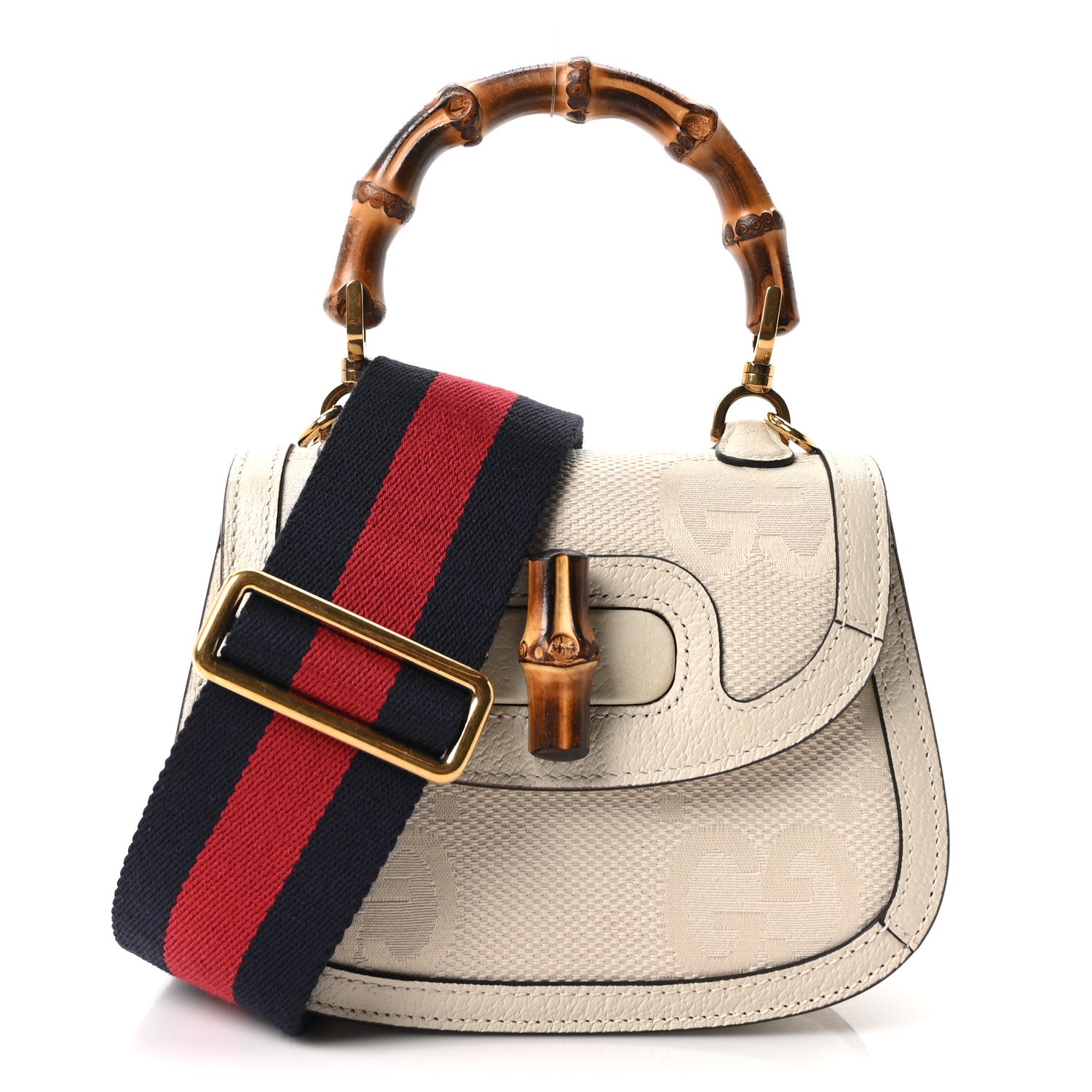 Gucci Monogram Jumbo GG Textured Dollar Calfskin Web Mini Bamboo 1947 Top Handle Bag Off White 1 of 17