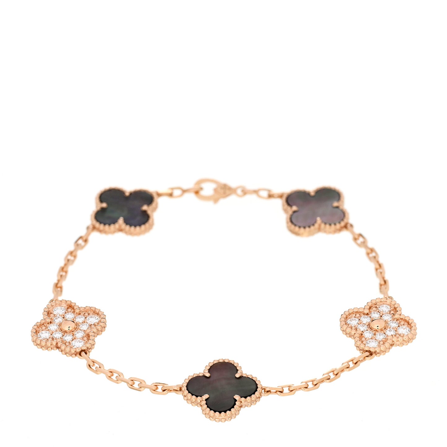 18K Rose Gold Diamond Gray Mother of Pearl 5 Motifs Vintage Alhambra Bracelet