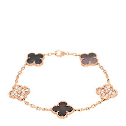 Van Cleef & Arpels 18K Rose Gold Diamond Gray Mother of Pearl 5 Motifs Vintage Alhambra Bracelet 1 of 4