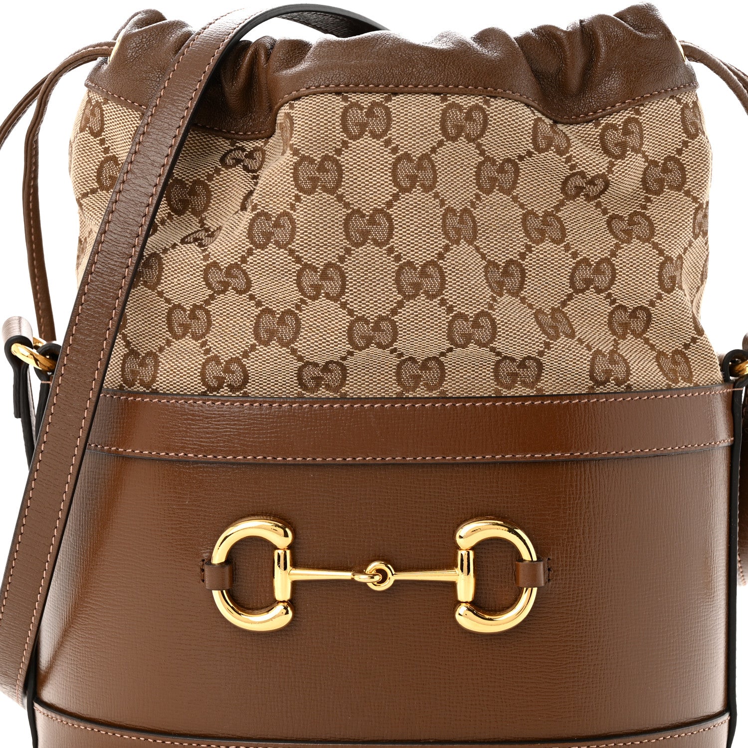 Gucci Monogram Textured Calfskin Horsebit 1955 Drawstring Bucket Bag Beige Brown Sugar 8 of 11