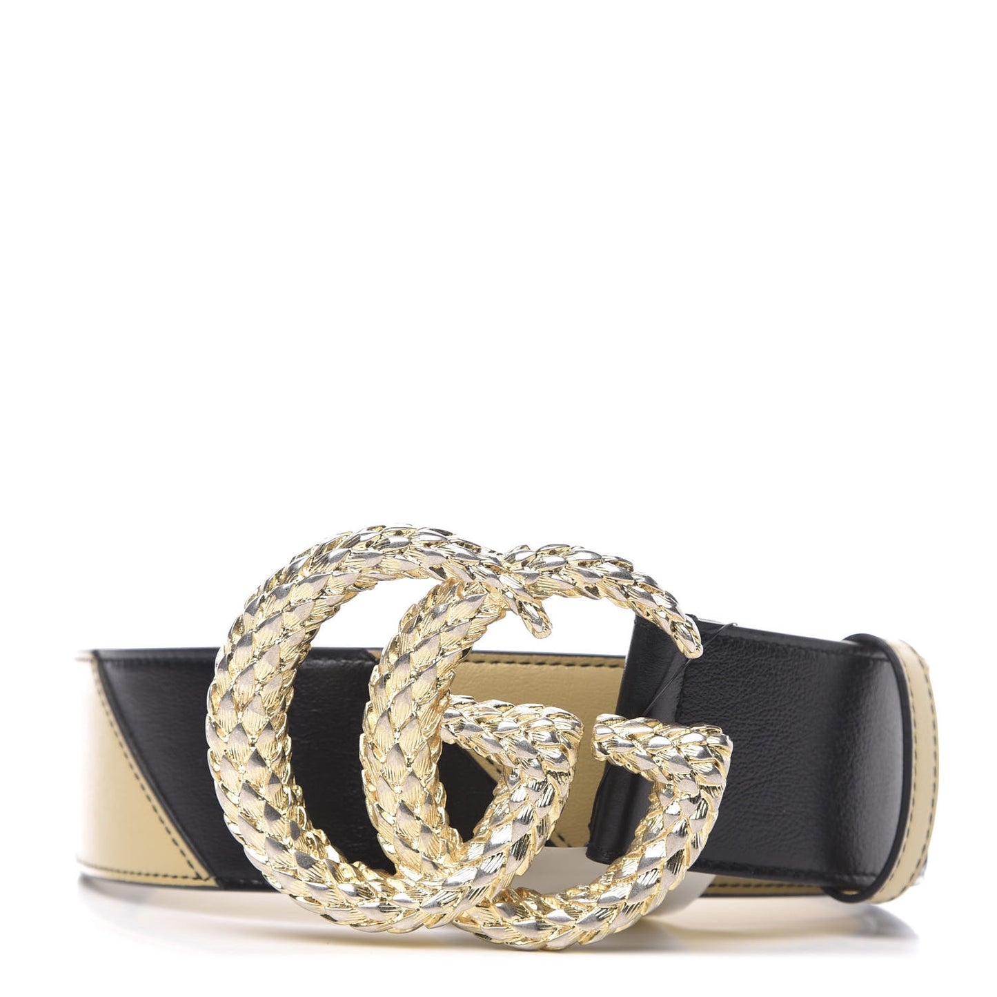 Calfskin Striped Textured Double G 50mm Belt 80 32 Black Beige