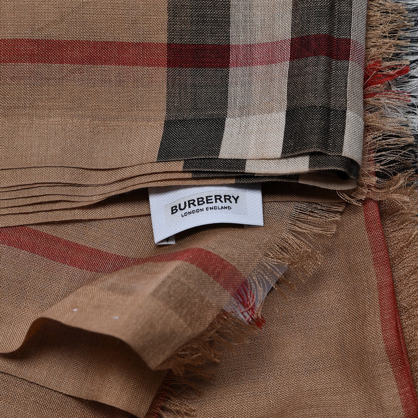 Wool Silk Giant Check Gauze Scarf Camel