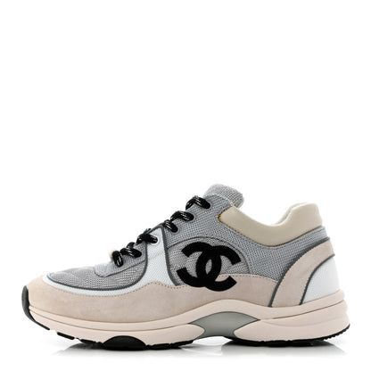 Chanel Nylon Calfskin Suede Womens CC Sneakers 40 Grey White 1 of 12
