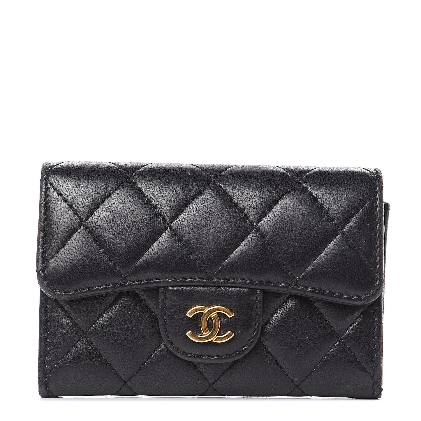 Lambskin Quilted Flap Card Holder Black