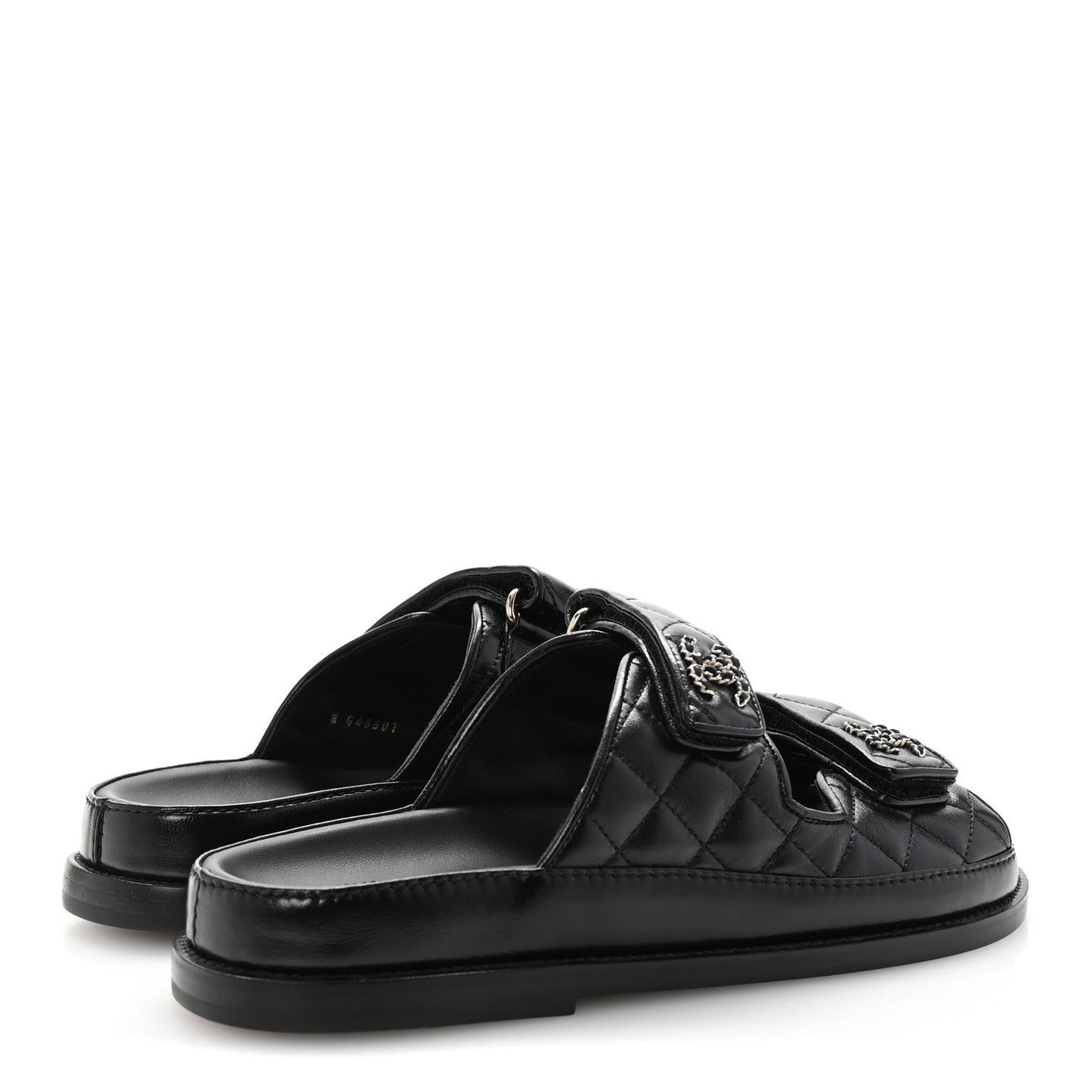Lambskin Quilted Velcro Dad Chain CC Slide Sandals 37.5 Black