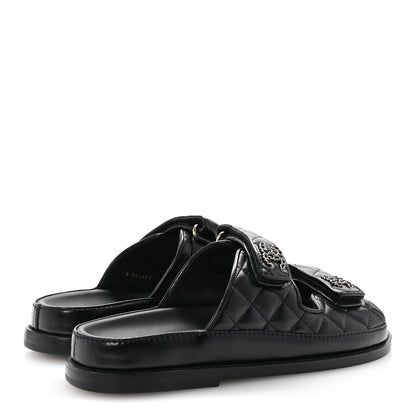 Chanel Lambskin Quilted Velcro Dad Chain CC Slide Sandals 37.5 Black 5 of 10