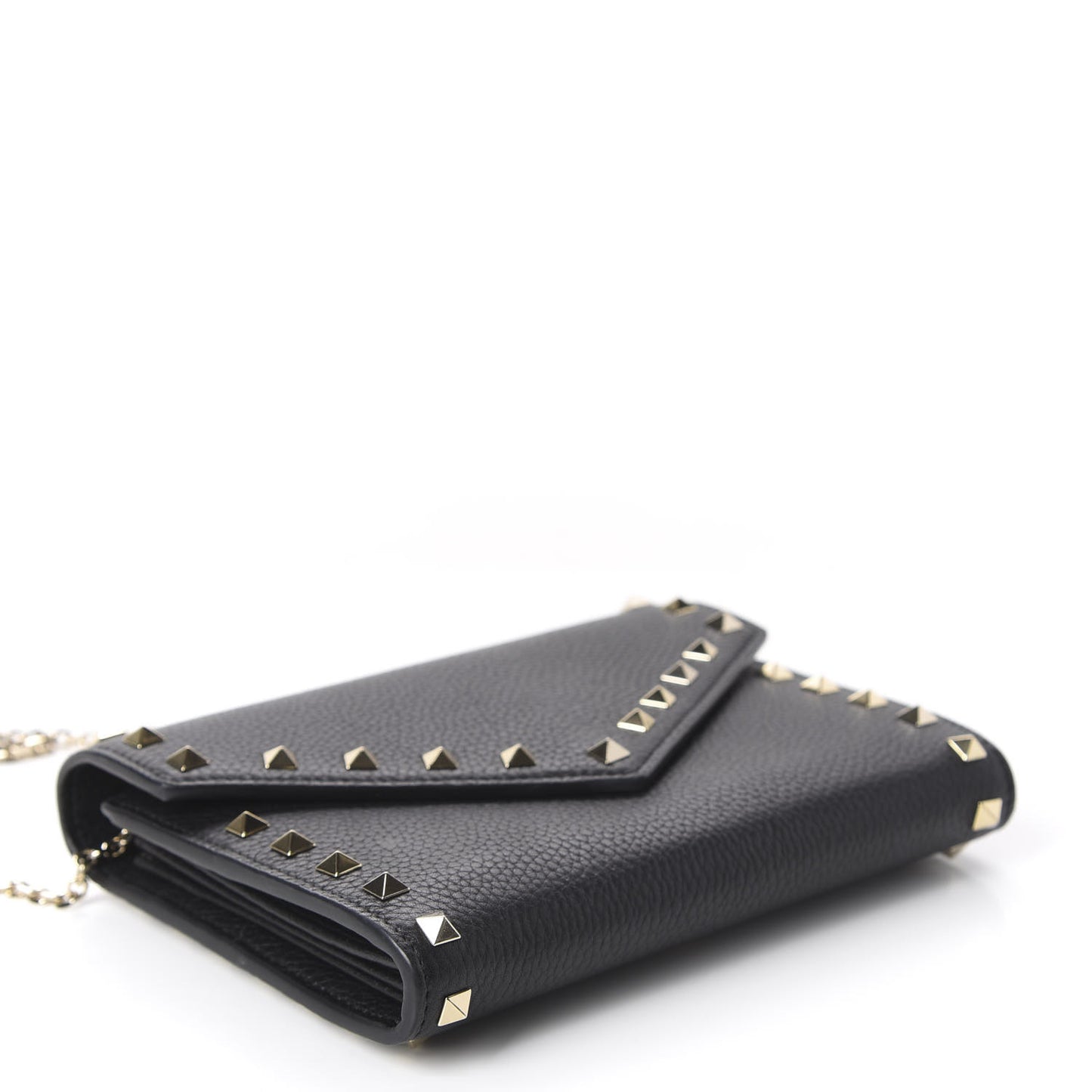 Pebbled Calfskin Rockstud Envelope Wallet on Chain Black