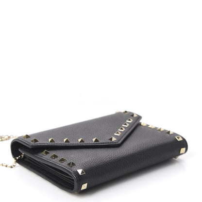 Valentino Garavani Pebbled Calfskin Rockstud Envelope Wallet on Chain Black 3 of 10