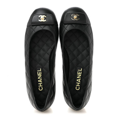 Chanel Calfskin Lambskin Quilted CC Cap Toe Ballerina Flats 37 Black 2 of 10
