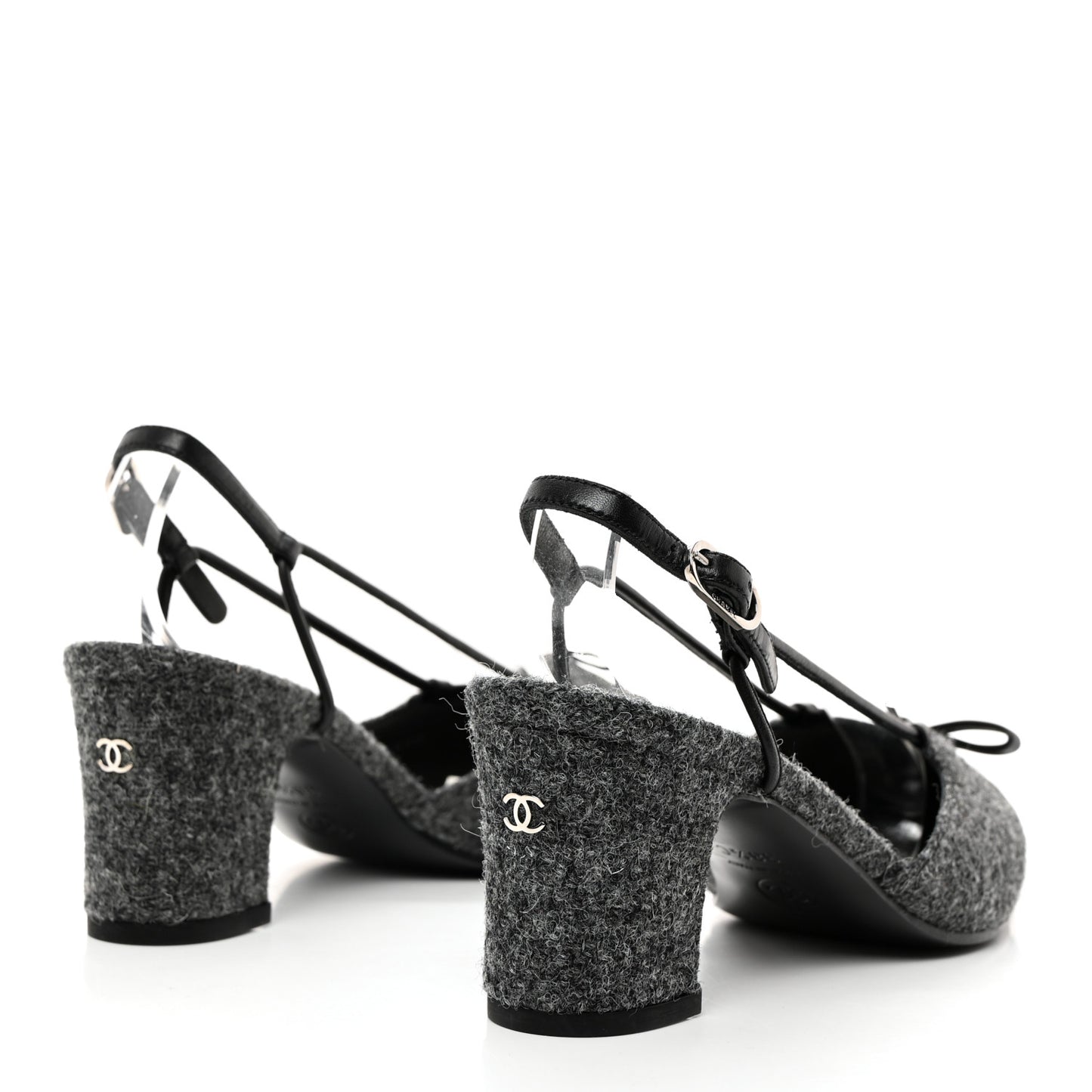 Tweed Satin Slingback Cap Toe Bow Pumps 38.5 Grey Black