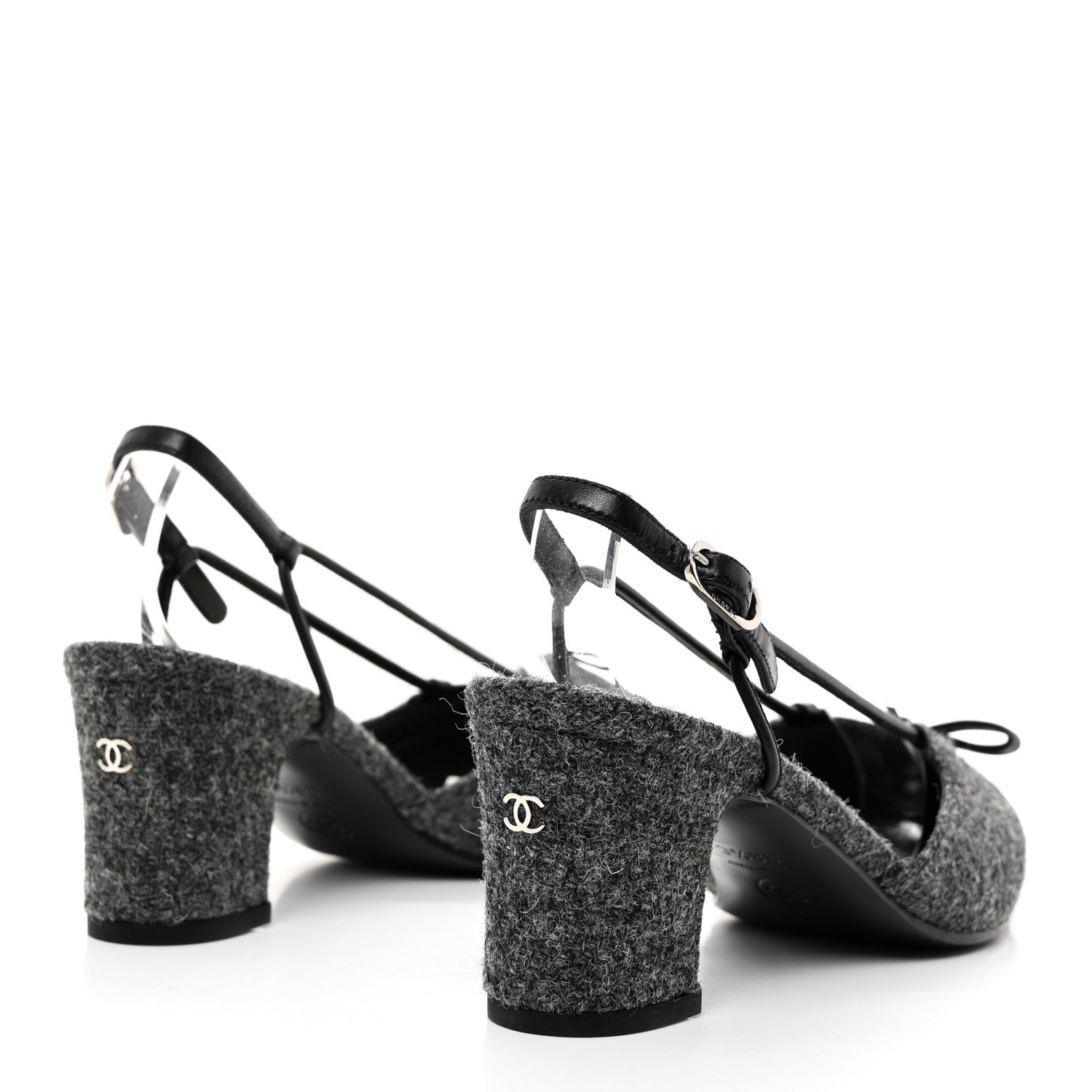 Chanel Tweed Satin Slingback Cap Toe Bow Pumps 38.5 Grey Black 4 of 10