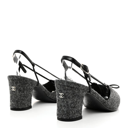 Chanel Tweed Satin Slingback Cap Toe Bow Pumps 38.5 Grey Black 4 of 10