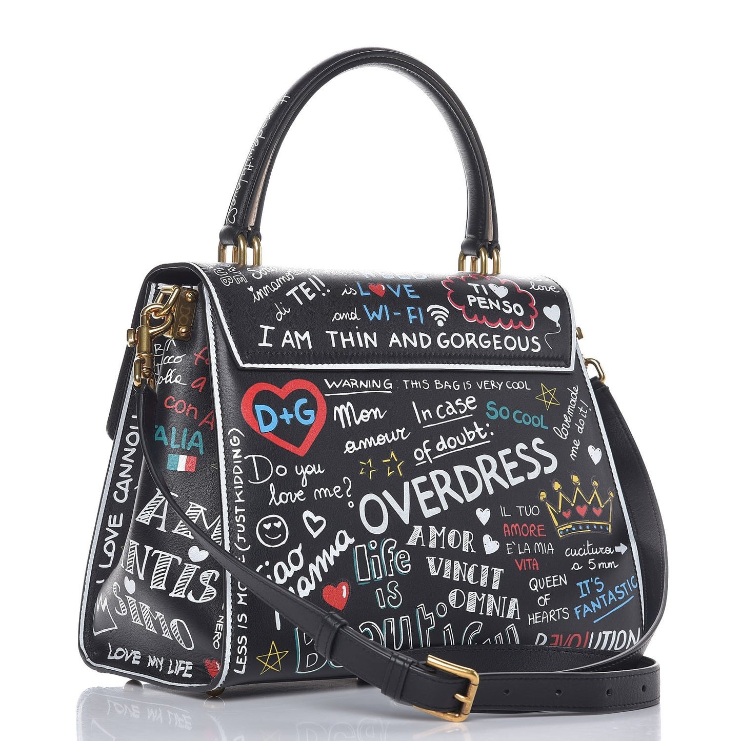 Calfskin Welcome Graffiti Printed Satchel Black
