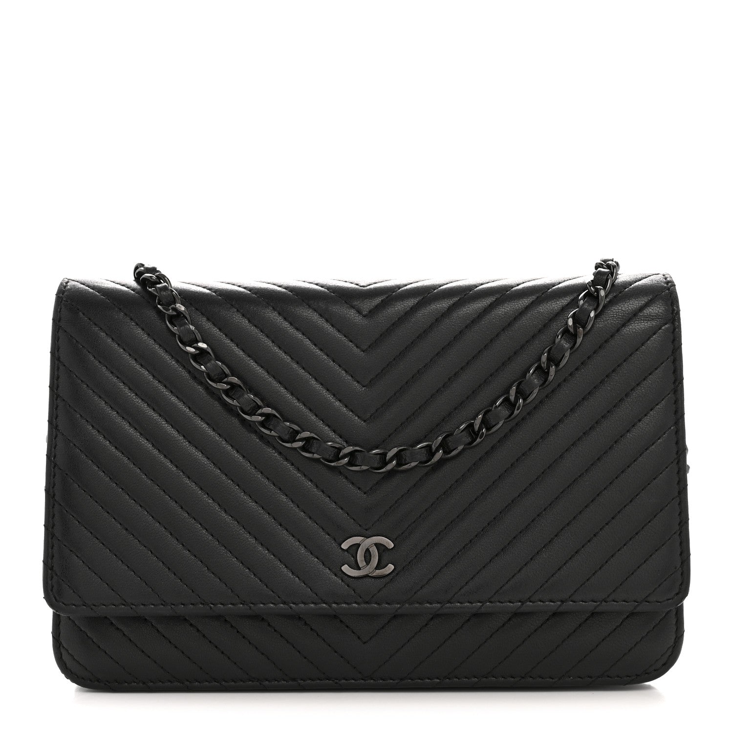 Chanel Lambskin Chevron Quilted Wallet On Chain WOC So Black 1 of 15