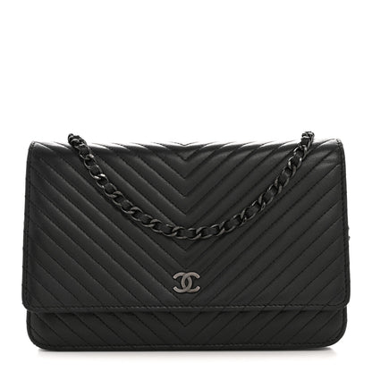 Chanel Lambskin Chevron Quilted Wallet On Chain WOC So Black 1 of 15