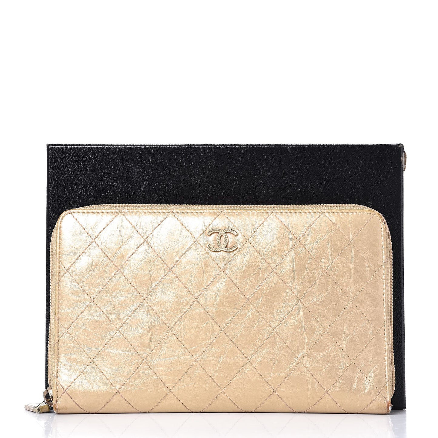 Metallic Aged Calfskin Quilted Palette Large Zip Around Organizer Wallet Gold