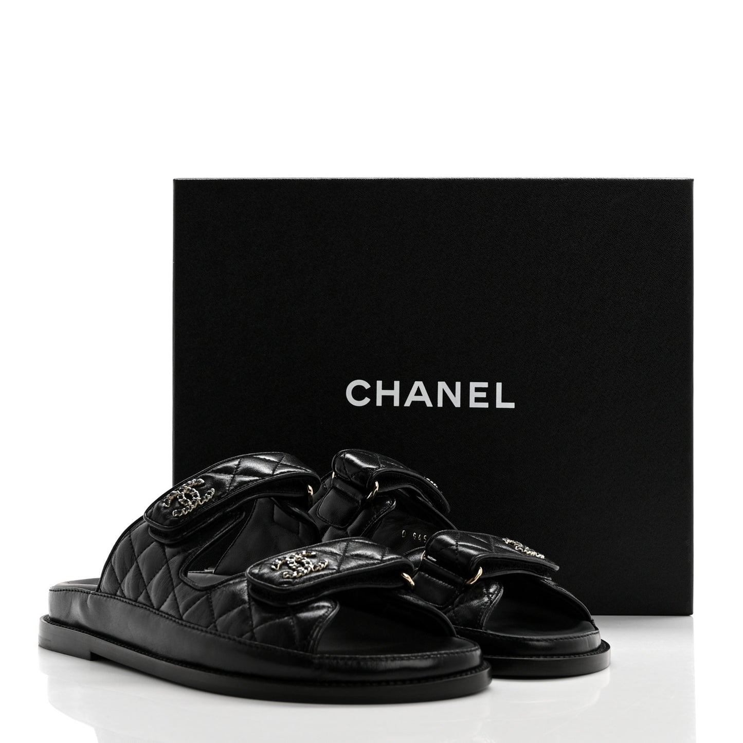 Lambskin Quilted Velcro Dad Chain CC Slide Sandals 38.5 Black