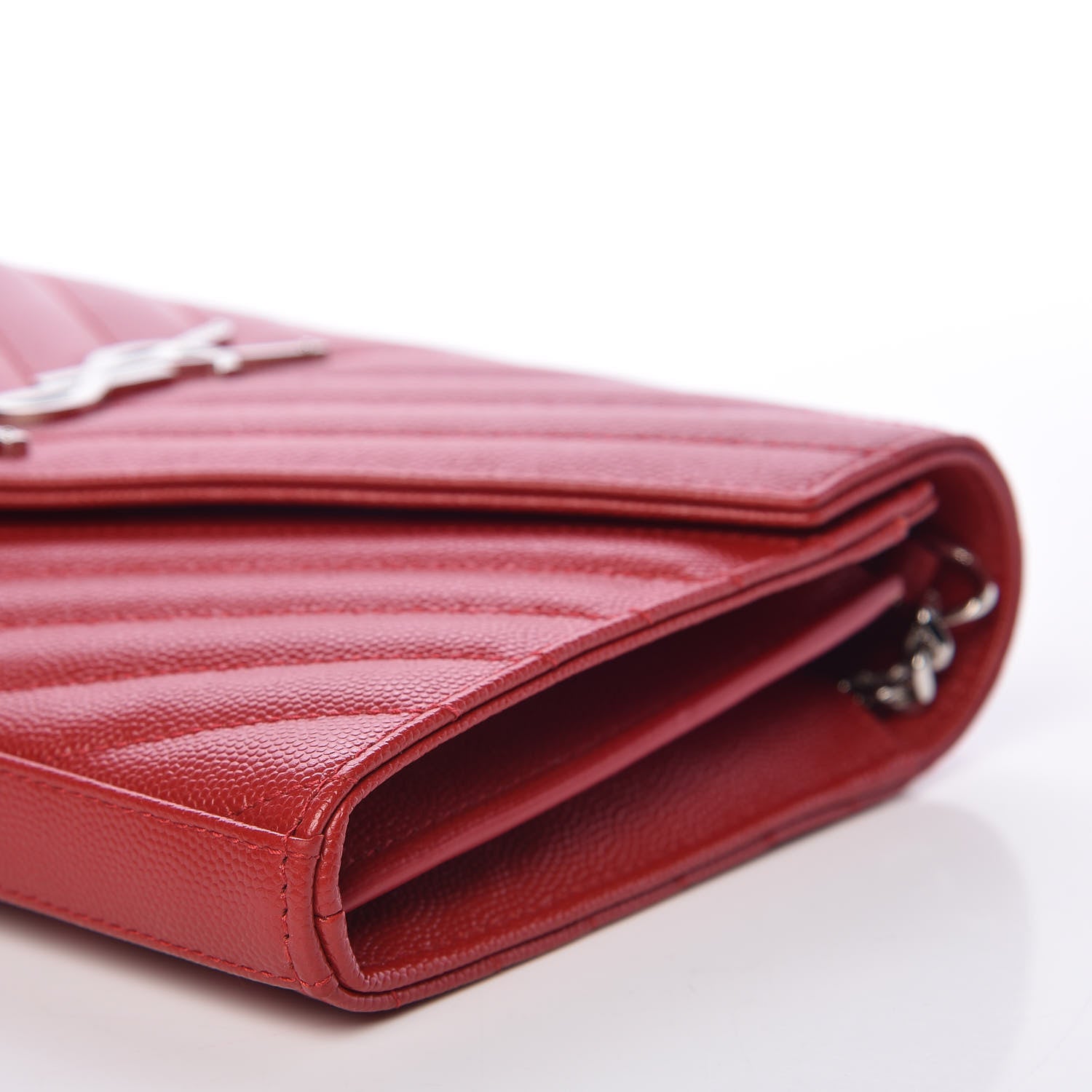 Saint Laurent Grain De Poudre Matelasse Chevron Monogram Chain Wallet New Red 8 of 9