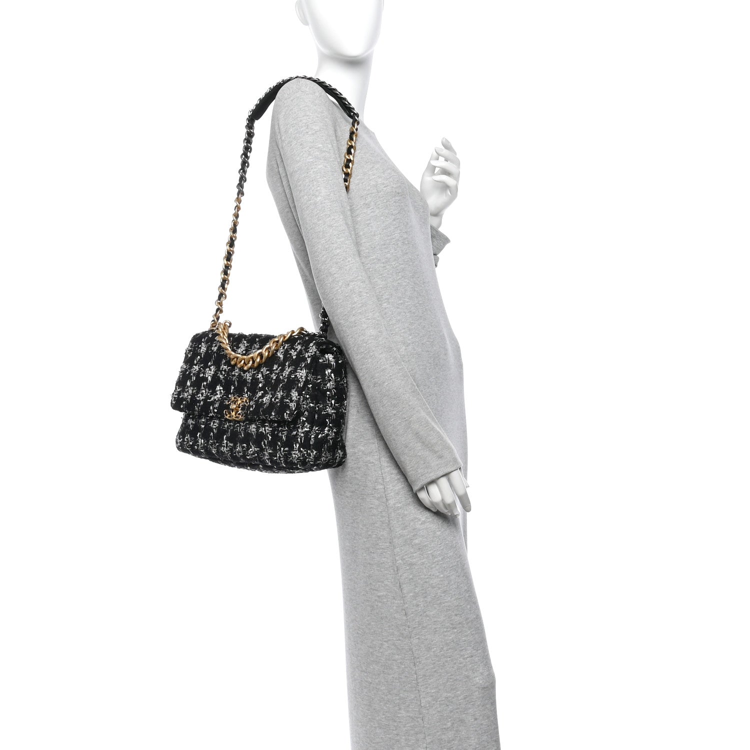 Chanel Tweed Quilted Large Chanel 19 Flap Black Silver Ecru 2 of 11