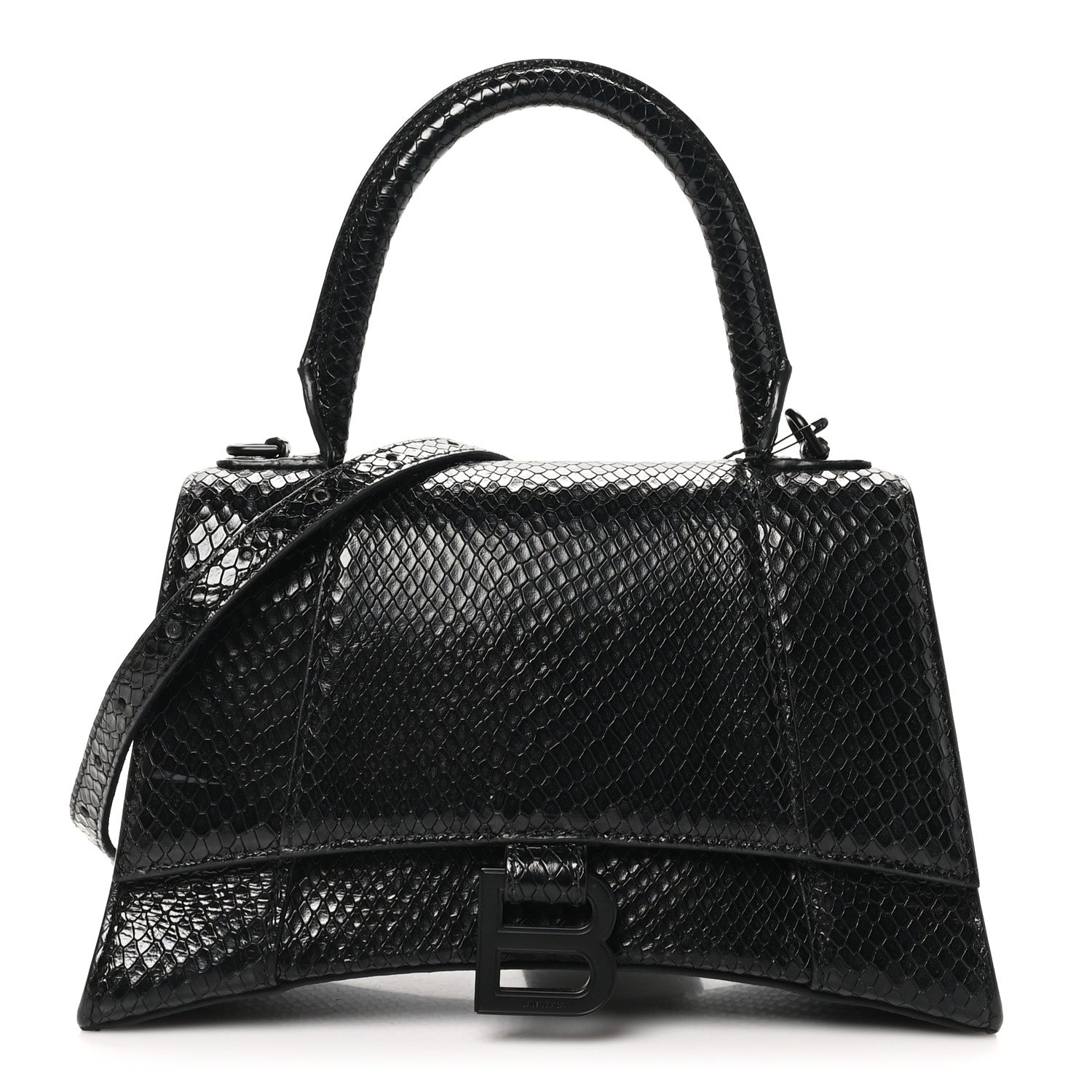 Balenciaga Matte Calfskin Snake Embossed Tonal B Small Hourglass Top Handle Bag Black 1 of 10