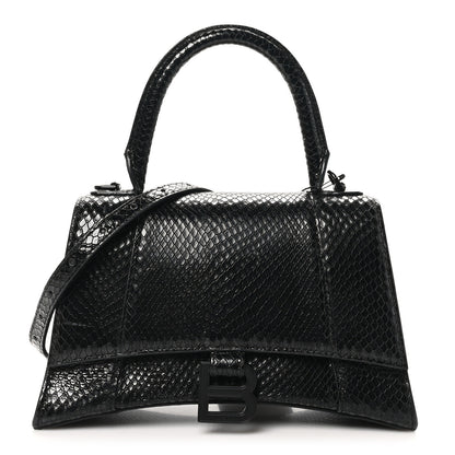 Balenciaga Matte Calfskin Snake Embossed Tonal B Small Hourglass Top Handle Bag Black 1 of 10