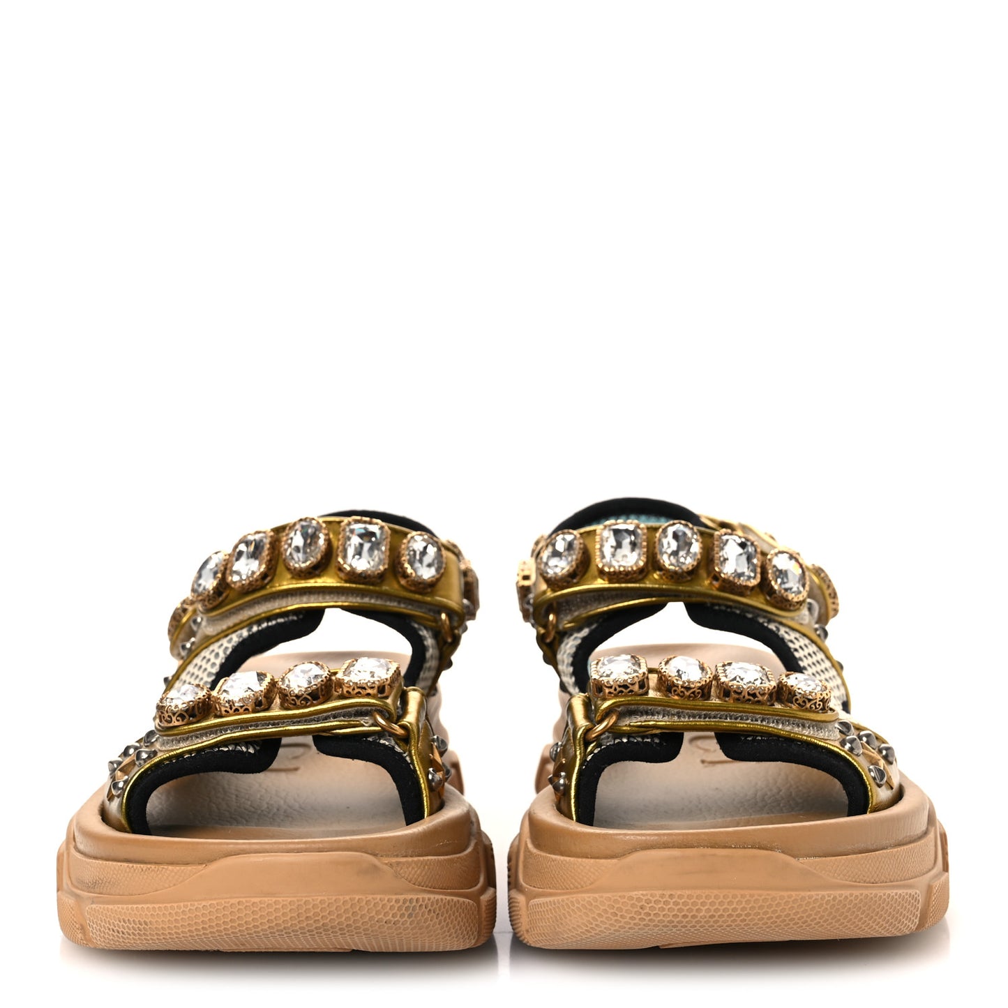 Silk Calfskin Mesh Crystal Embellished Studded Womens Aguru Sandals 38.5 Gold