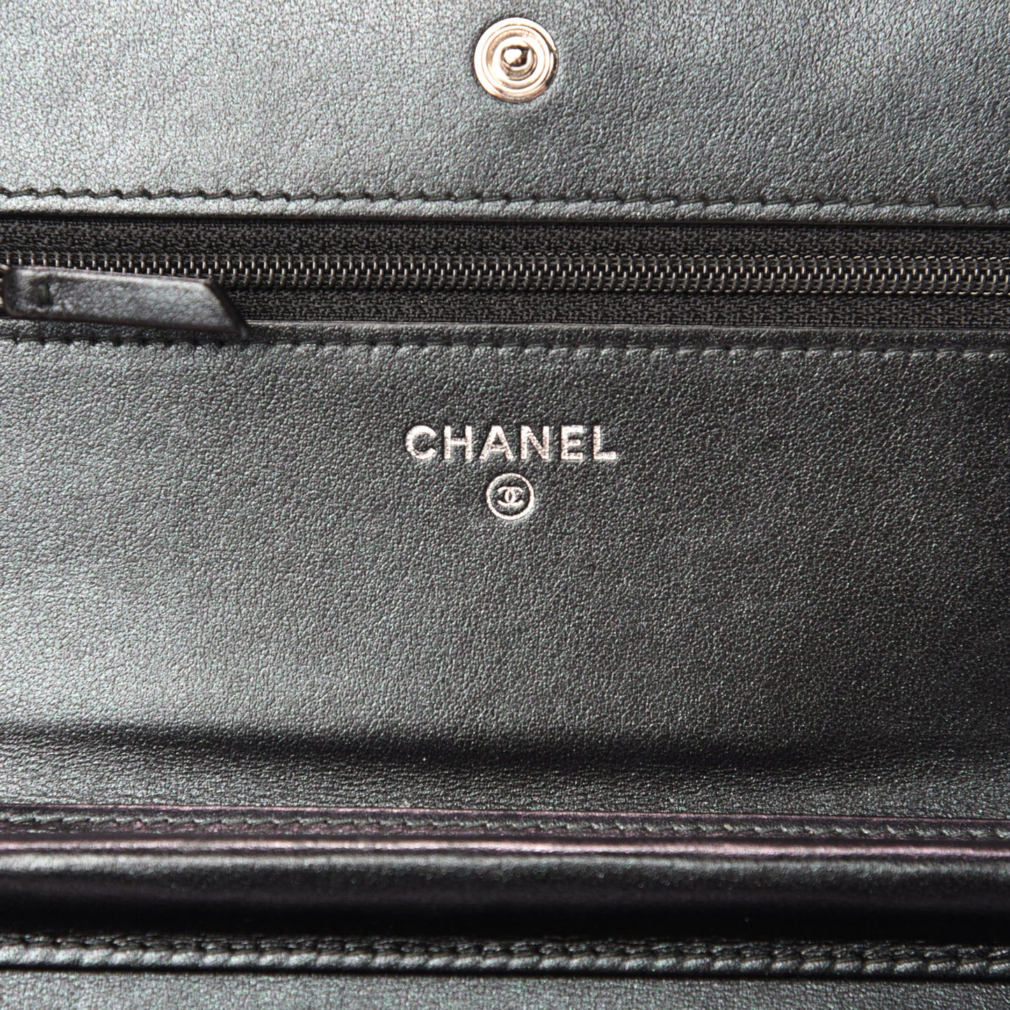 Patent Metallic Crumpled Calfskin Chevron Quilted Wallet On Chain WOC Black