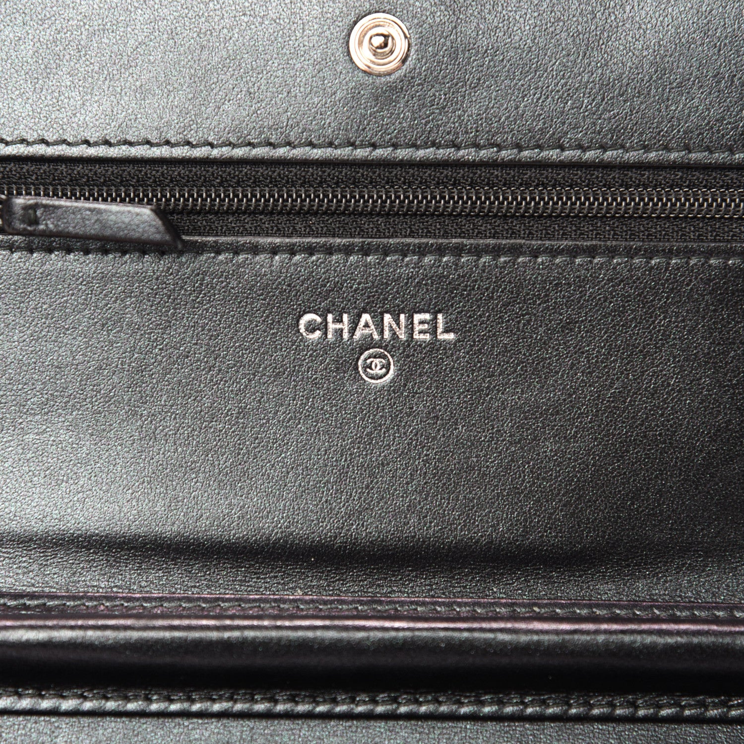 Chanel Patent Metallic Crumpled Calfskin Chevron Quilted Wallet On Chain WOC Black 10 of 14