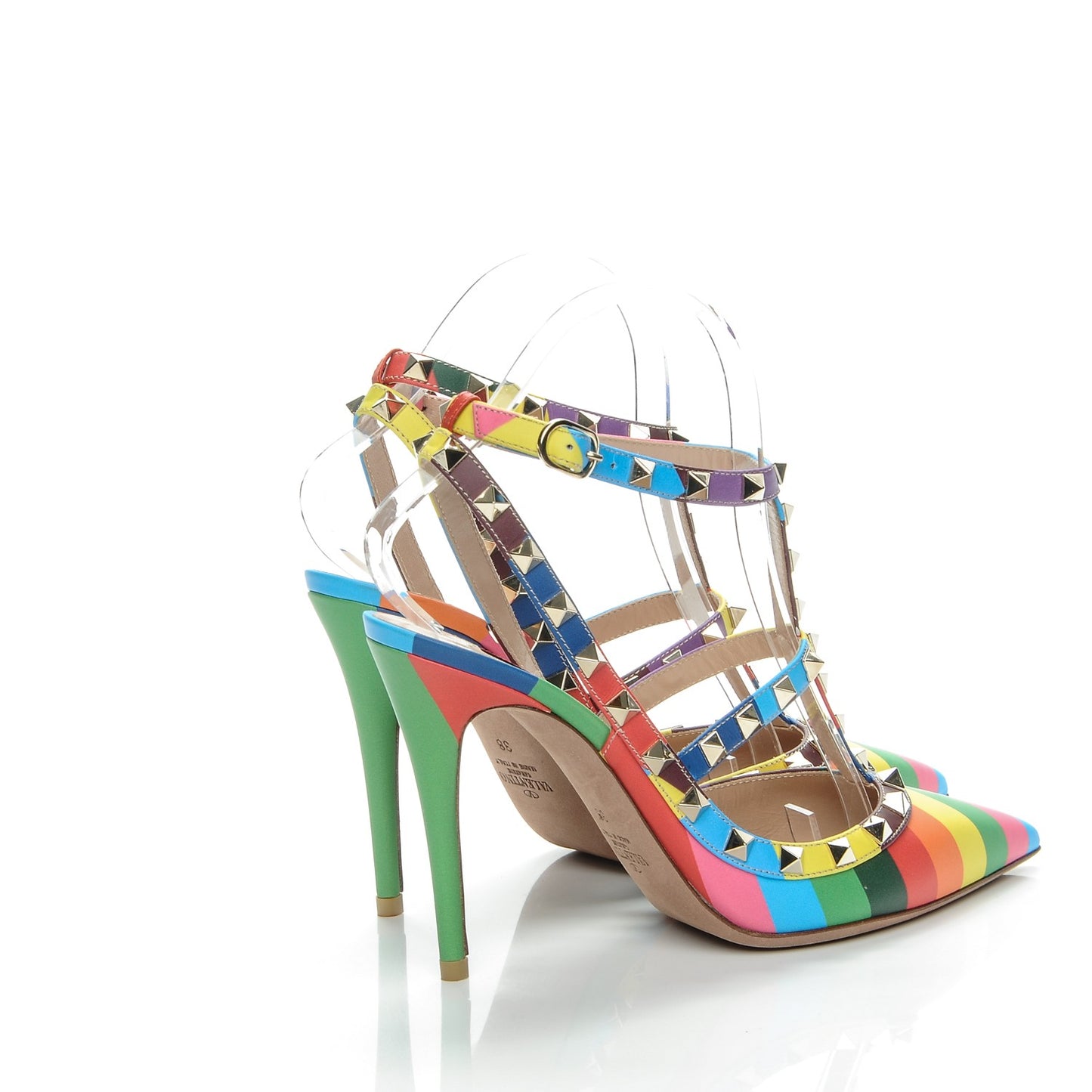 Calfskin 1973 Rockstud Ankle Strap 100mm Pumps 38 Multicolor
