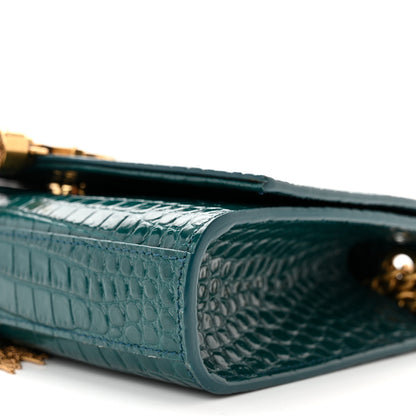 Saint Laurent Calfskin Crocodile Embossed Small Classic Monogram Kate Tassel Satchel Dark Green 9 of 10