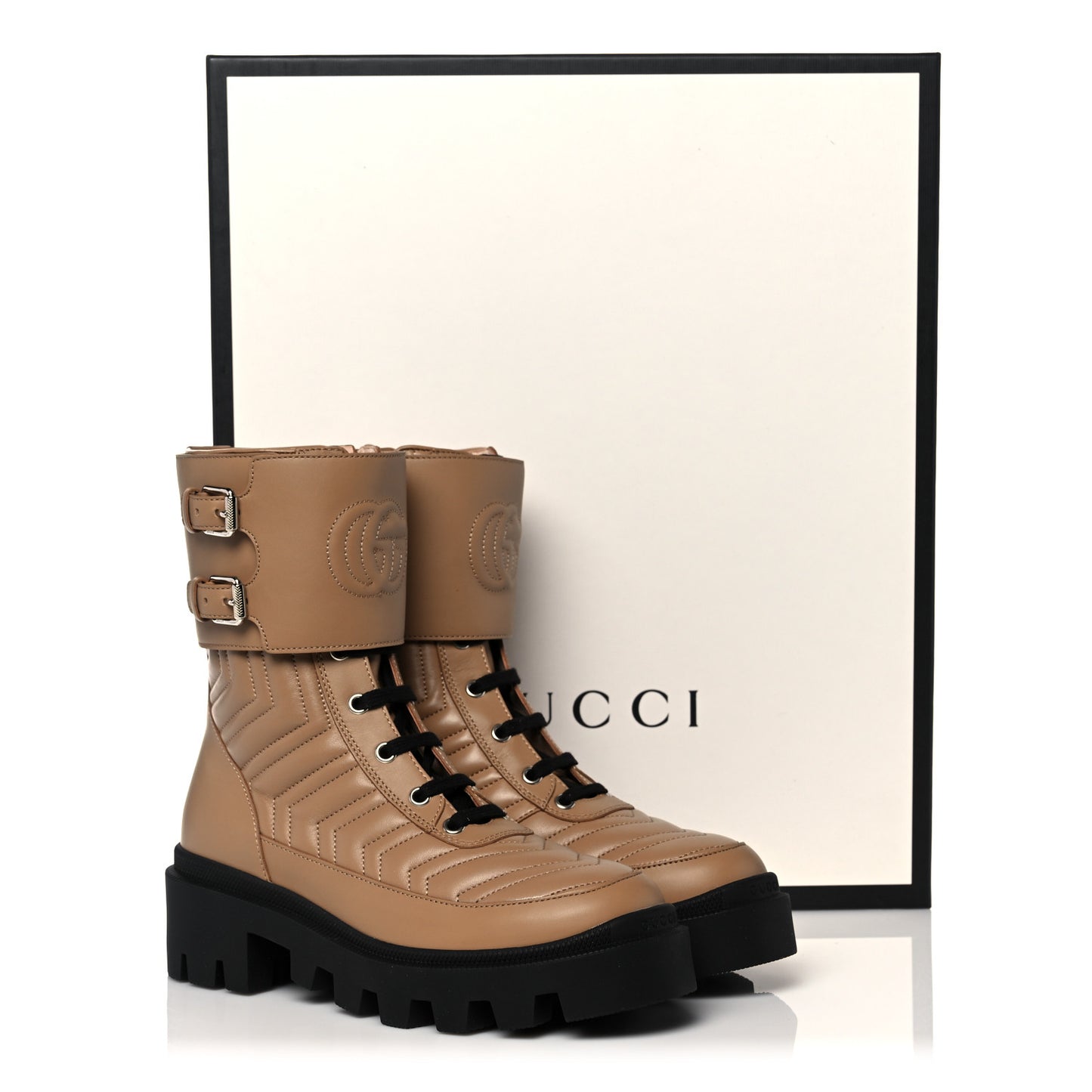 Nappa Frances GG Matelasse Platform Combat Boots 36 Natural Tan