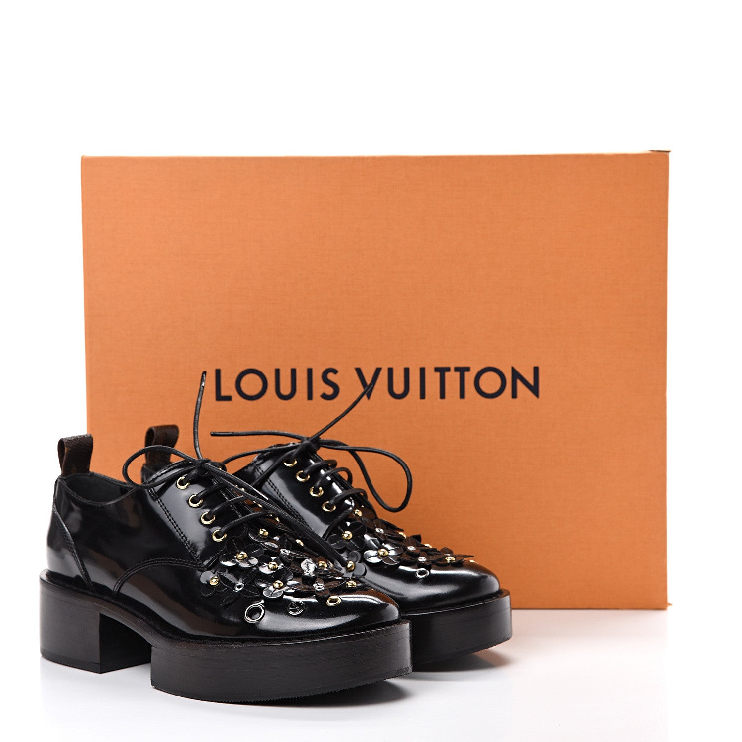 Louis Vuitton Patent Calfskin Blooms Flat Derby Platform Shoes 35 Black 8 of 8