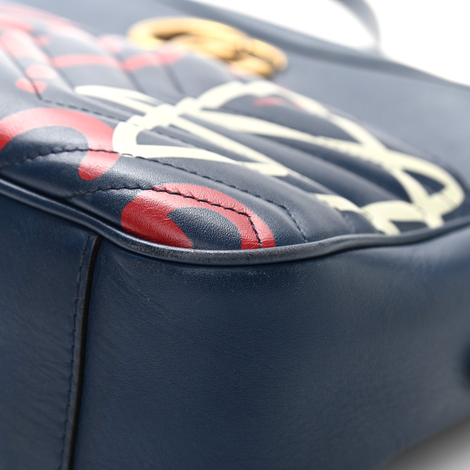 Gucci Calfskin Matelasse GucciGhost Medium GG Marmont Chain Shoulder Bag Blue Agata Hibiscus Red 13 of 14