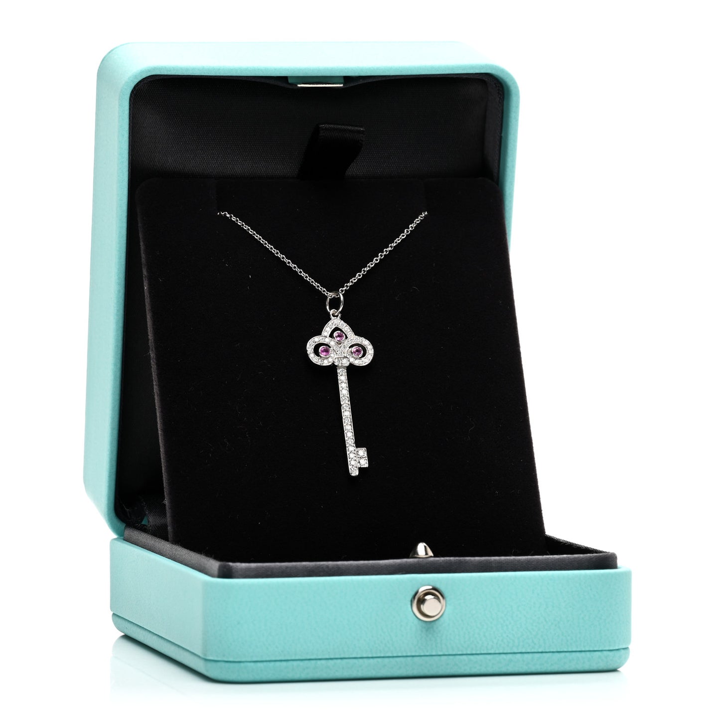 Platinum Diamond Pink Sapphire Fleur De Lis Key Pendant Necklace