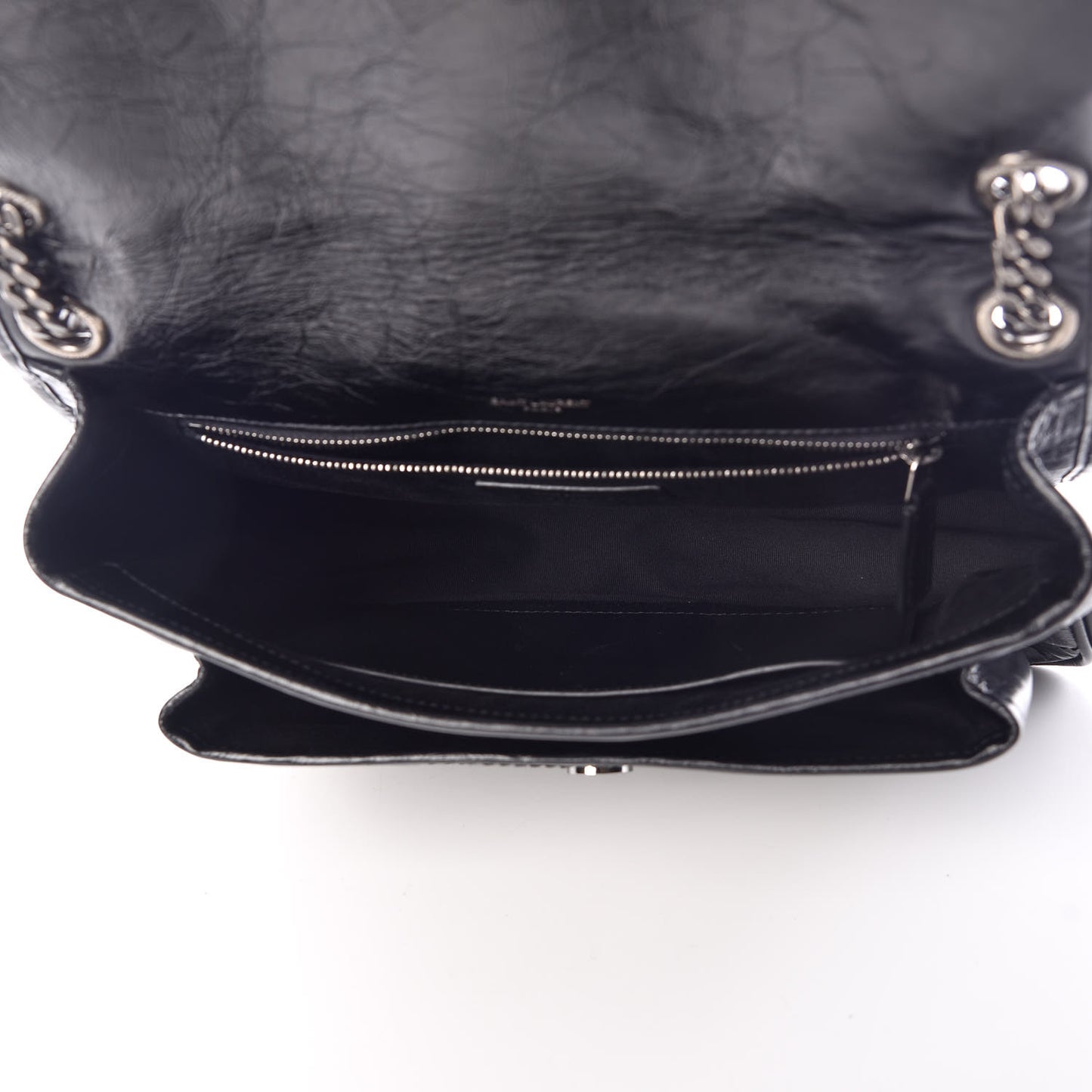 Crinkled Calfskin Matelasse Monogram Medium Niki Chain Satchel Black
