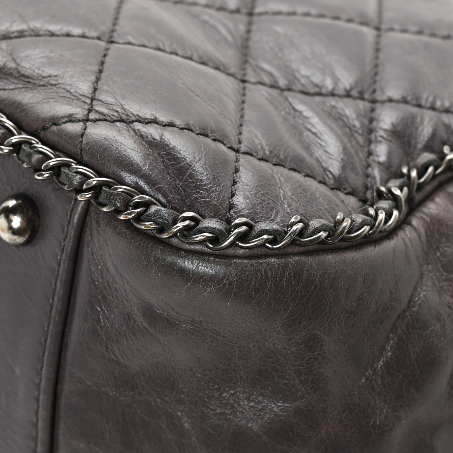 Calfskin Quilted Large CC Enchained Accordion Flap Grey
